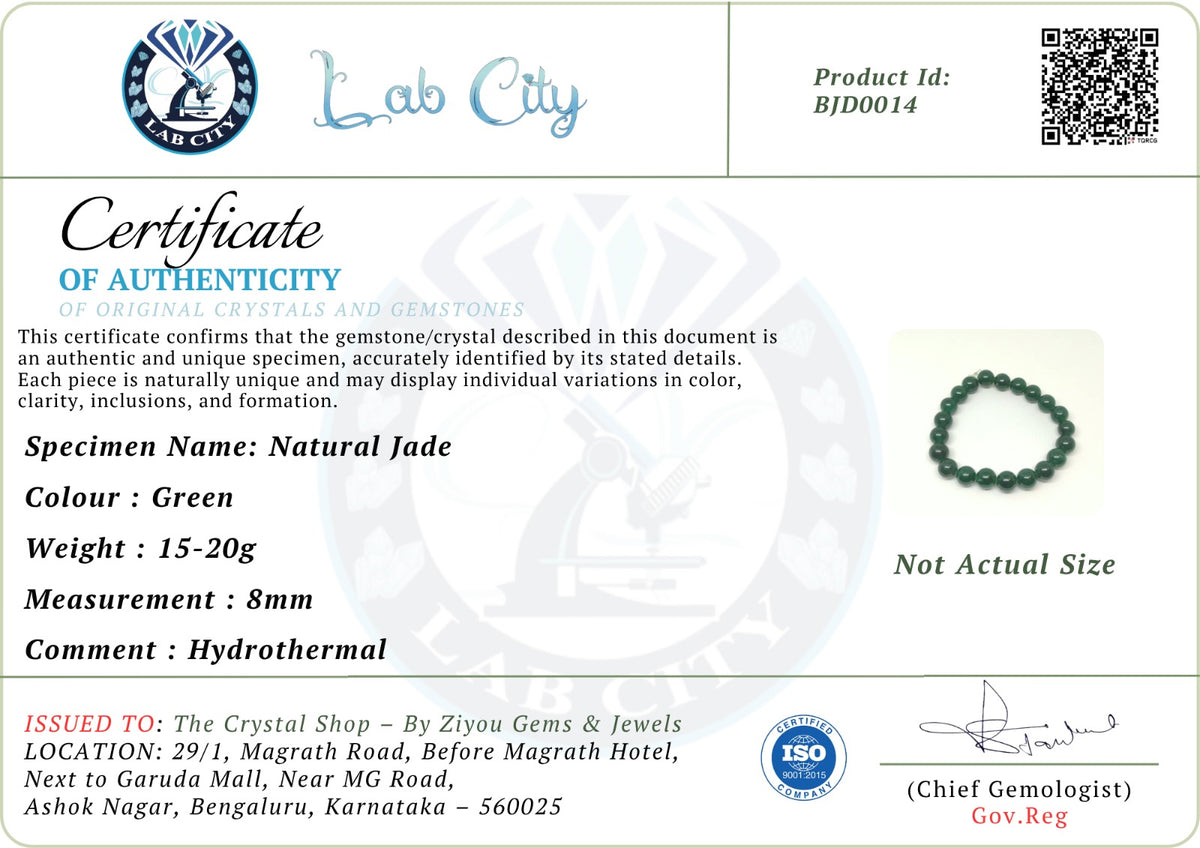 Natural Green Jade Bracelet with Authenticity Certificate | Crystal Stone Bracelet for Balance, Harmony & Positive Energy | Ziyou Gems & Jewels, Bengaluru