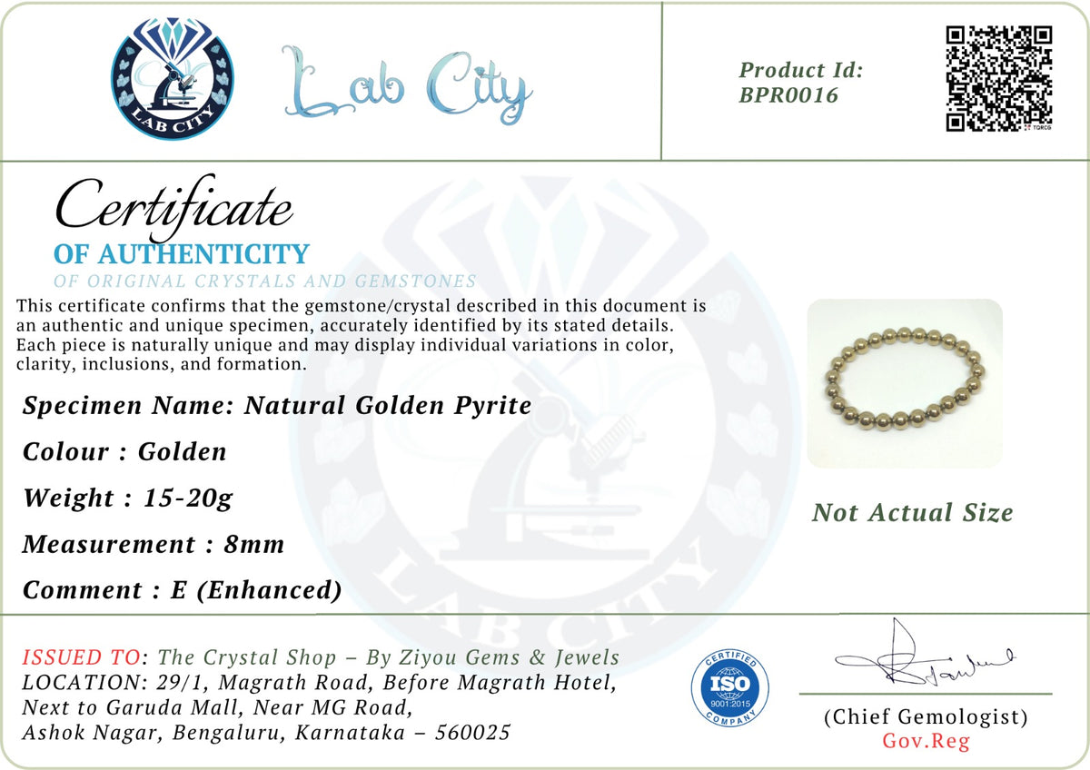 Golden Pyrite Crystal Bracelet - 8mm Money Attraction & Wealth Magnet | Ziyou Gems & Jewels - Bangalore