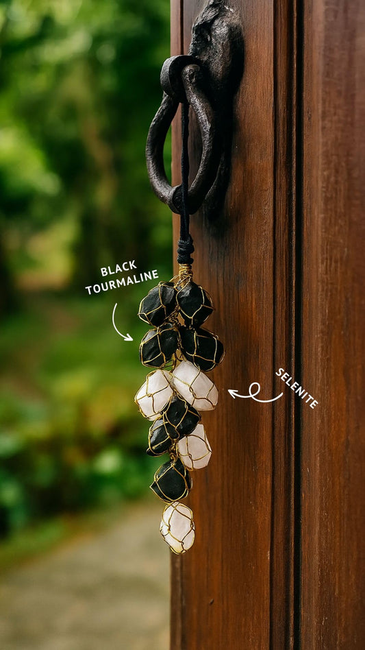 Selenite & Black Tourmaline Door Hanging for Protection, Positivity & Energy Cleansing