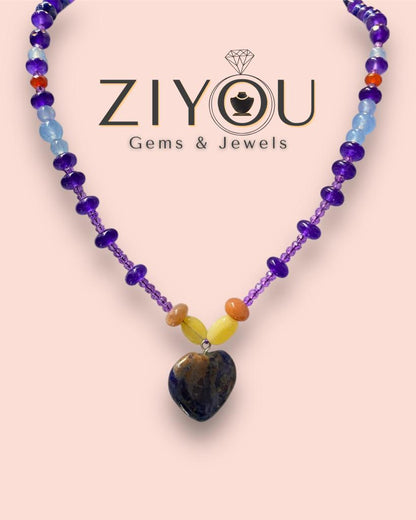 Handmade amazing amethyst, aquamarine, yellow fluorite slid beads with bloodstone pendant