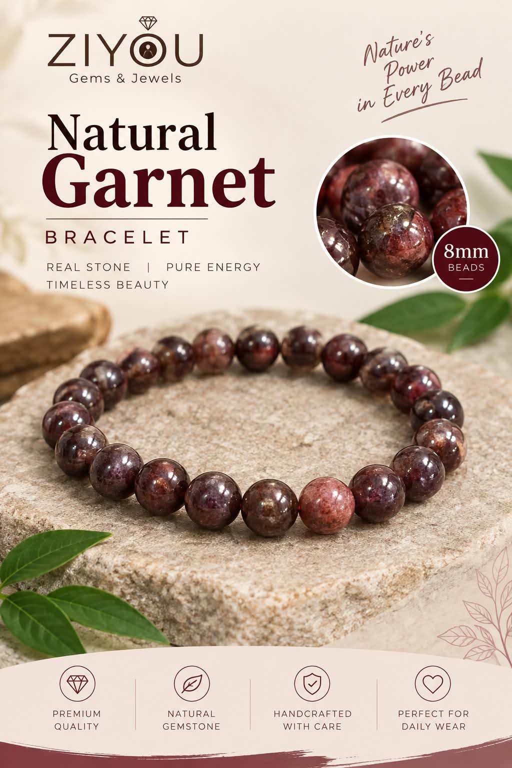 Natural Garnet Bracelet | Unheated Garnet Stone for Strength & Vitality