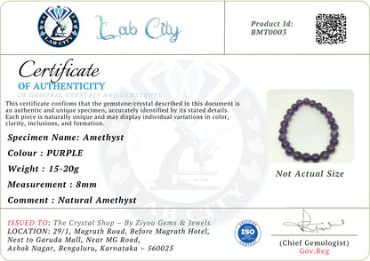Natural Amethyst Bracelet 8 MM with Authenticity Certificate | Crystal Stone Bracelet for Stress Relief, Calm & Positive Energy | Ziyou Gems & Jewels